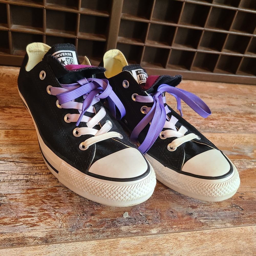 Converse All Star Double Tongue Black Sneakers with Purple Laces Women's 10